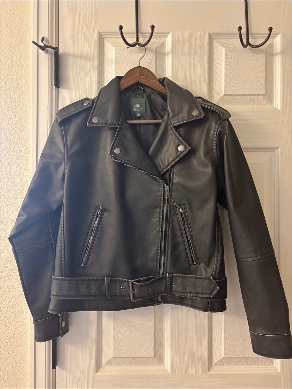 wild fable Black Faux Leather Moto Jacket with Belt